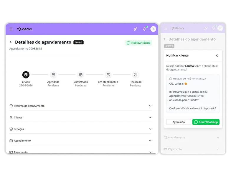 Painel de gestão de agendamentos e vendas para salão de beleza
