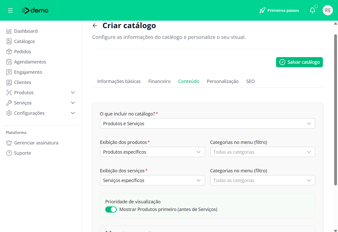Criação e edição de catálogo